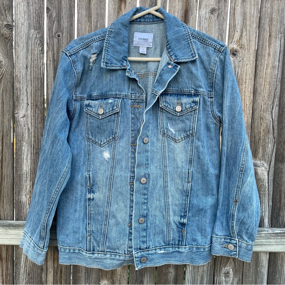 Old Navy Blue Distressed Denim Jacket Sz M